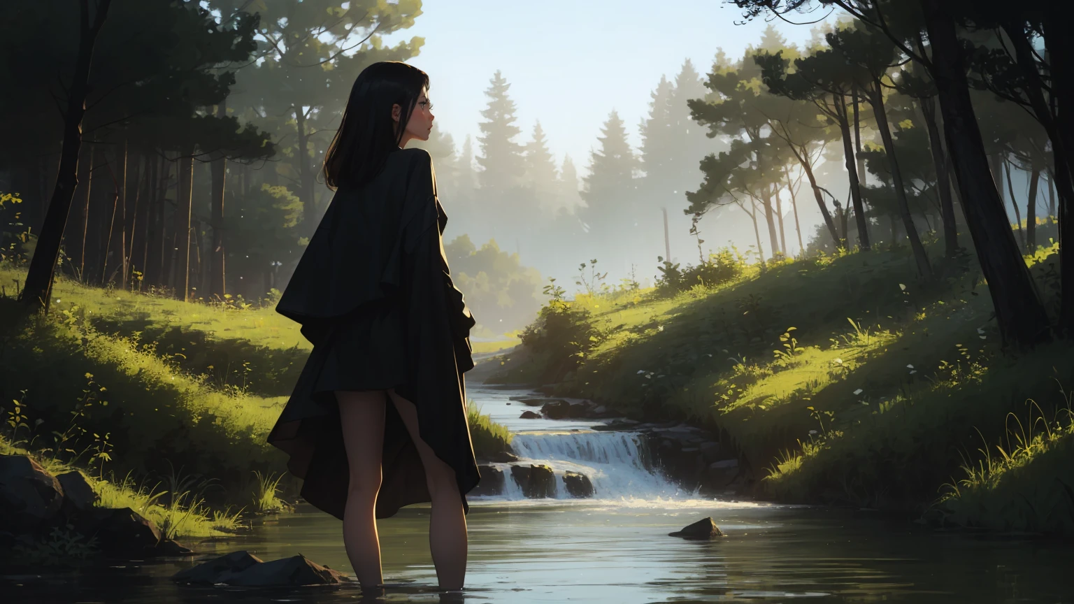 masterpiece, Best quality, 1 girl,((​masterpiece)), (best quality),, Natural river in ancient forest, mirror reflection on the river, naked lady, gorgeous beautiful face, stripped with leaves and splashes of water, black makeup and black lipstick, dark atmosphere, Concept art by Vadim Kashin, Artgerm, Bow is on her back, shy, short, Full body view, Single person, only Single person in image, Full body view, Spiritual peace, golden ratio composition, cowboy shot, brilliant, brilliant hair, (night:1.2),Dreamy, [[gentle fingers and hands:0.55]::0.85],(detailed fingers),),(emotional),(breathtaking),(main part:1.2) whole body.), (Anime Style), (Super Detailed), (brutal), (uhd, HDR), (8k), (High Resolution: 1.2), (Complex and Beautiful: 1.2)