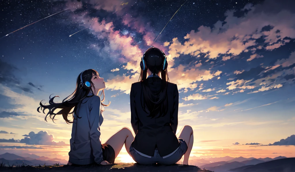 sunset、hill、cloud、Long Hair、woman、Sitting、silhouette、Beautiful starry sky、Looking up at the sky、The wind is blowing、Wide sky、Headphones