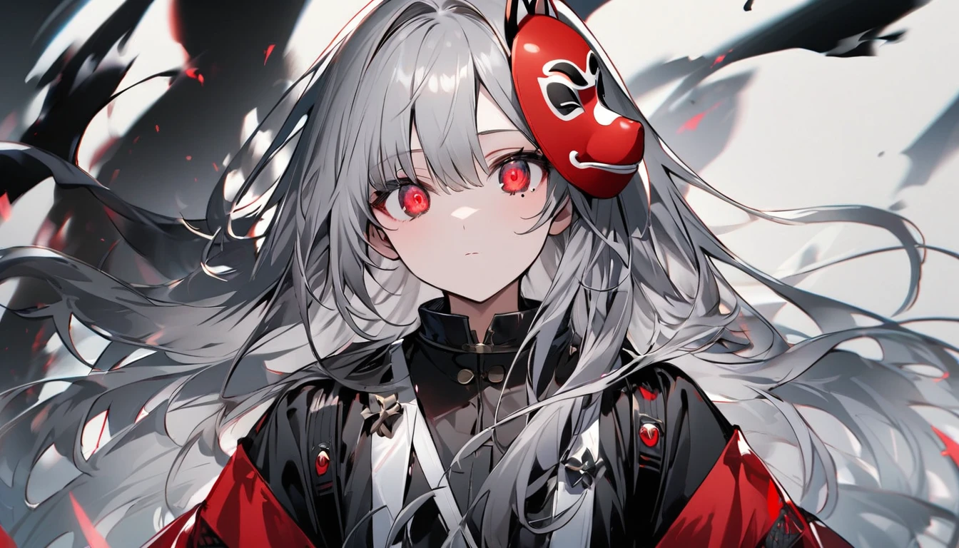 Teen Girl Characters。gray hair color、Glowing red eyes、Long Hair、There is a mole under the left eye。Without background、people物のみを描写してください。Wearing a monkey mask。1people。Upper Body
