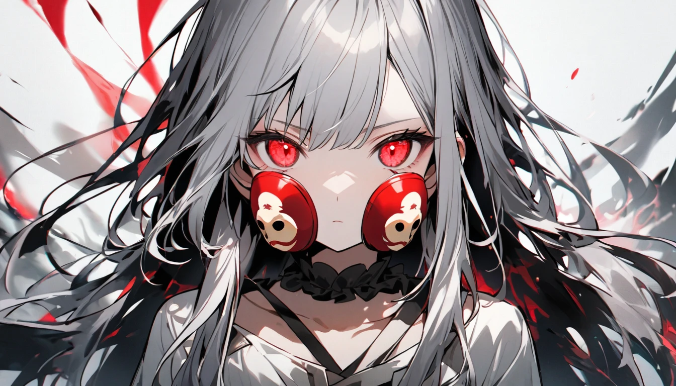  Characters。gray hair color、Glowing red eyes、Long Hair、There is a mole under the left eye。Without background、people物のみを描写してください。Wearing a monkey mask。１people。Upper Body