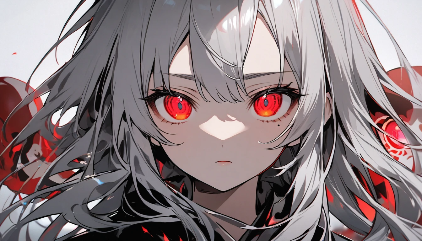 Teen Girl Characters。gray hair color、Glowing red eyes、Long Hair、There is a mole under the left eye。Without background、people物のみを描写してください。Wearing a monkey mask。1people。Upper Body