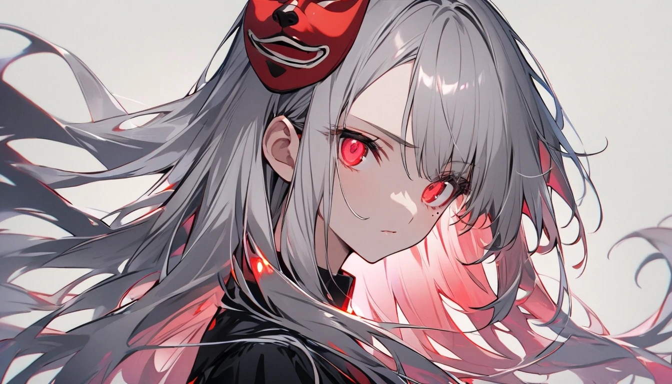 Teen Girl Characters。gray hair color、Glowing red eyes、Long Hair、There is a mole under the left eye。Without background、people物のみを描写してください。Wearing a monkey mask。１people。Upper Body