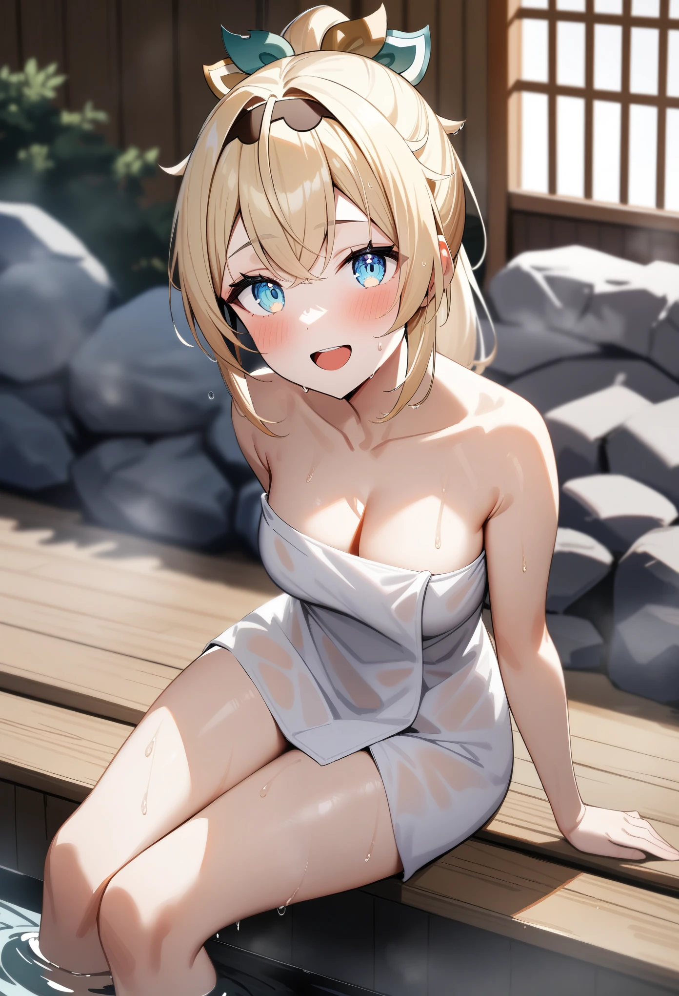 masterpiece, best quality, very aesthetic, absurdres, 1girl, sensitive, kazama iroha, hololive, looking at viewer, ponytail, blonde hair, bangs, eyebrows, blue eyes, small breasts, cleavage, naked towel, soaking feet, open mouth, smile, wet, steam, onsen
