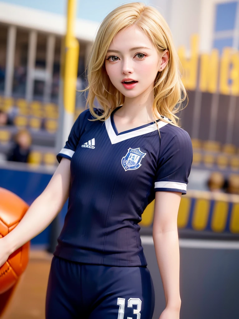 (Highest quality、8k、32K、masterpiece)、(Realistic)、(Realistic:1.2)、(High resolution)、Very detailed、Very beautiful face and eyes、1 girl、Round and small face、Tight waist、Delicate body、(close、Highest quality、Attention to detail、Rich skin detail)、(Highest quality、8k、Oil paints:1.2)、(Realistic、Realistic:1.37)、Bright colors、(((blonde)))、(((Cowboy Shot)))、(((Bob Hair)))、(((Football Stadium)))、(((Enthusiastic audience)))、(((Open your mouth)))、(((Laughter)))、(((blonde)))、(((Soccer uniforms)))、(((赤と白のSoccer uniforms)))、(((There are no lines on the sleeves)))、(((Short sleeve uniform)))