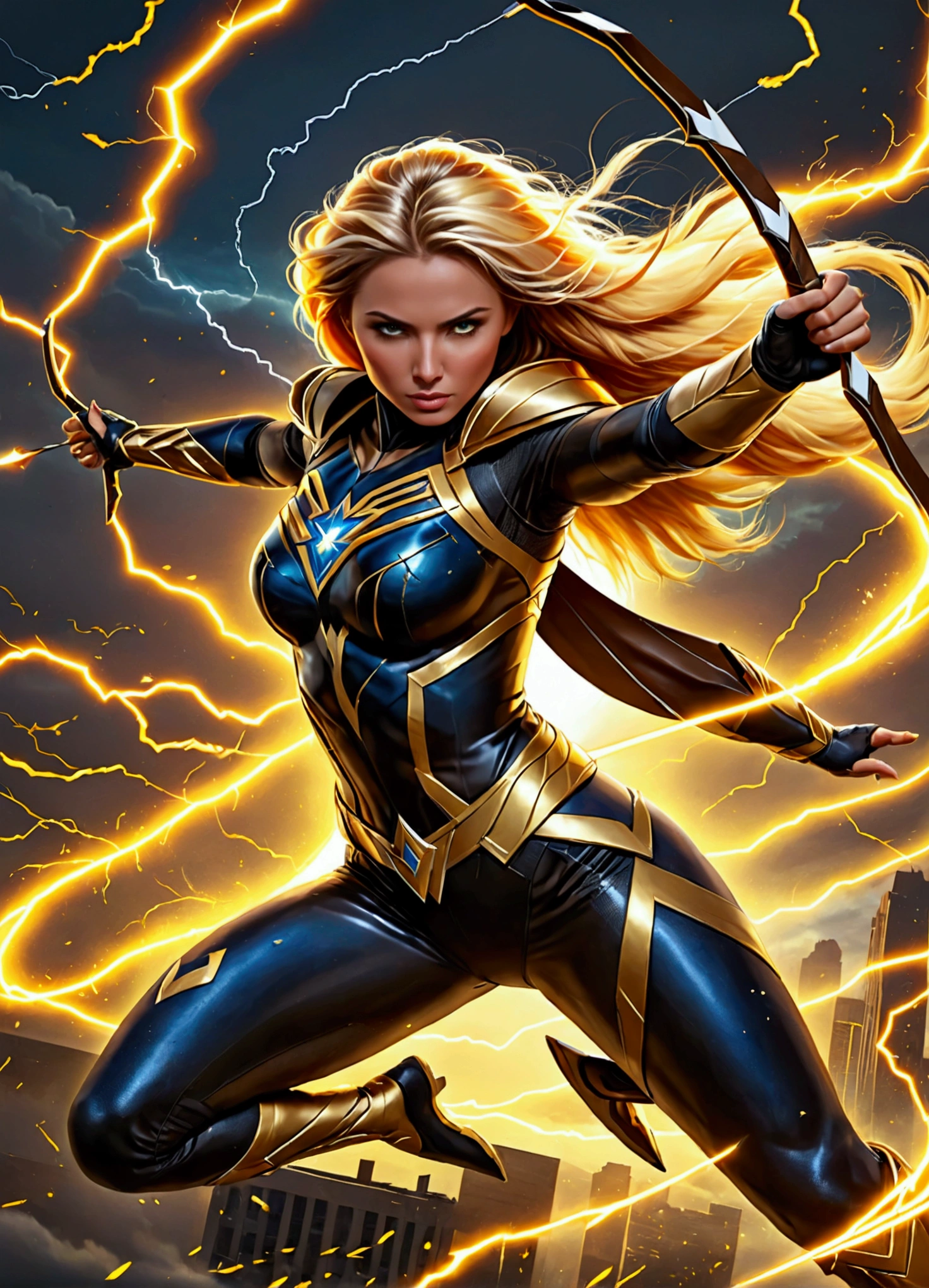 Katalina Thunderbolt, superheroine, Goddess of Thunder, mid-air pose, shooting lightning arrow, thunderbolt bow, sleek alluring form-fitting yellow costume, electrifying patterns, blonde hair, mask, sparkling eyes, glowing eyes, glowing accents, agile flexible physique, vibrant electric currents, dynamic stormy sky, bolts of lightning, swirling clouds, central composition, digital illustration, fantasy art, superhero art, intricate details, ultra-detailed, 32k resolution, epic lighting, stunning composition, vibrant yellows, beautiful masterpiece, cinematic