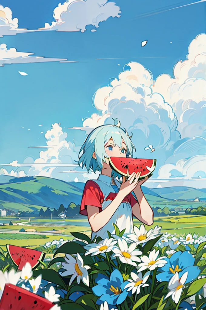 summer，sunny，Blue sky，White Cloud，ager eating watermelon in the farmland，Flowers，