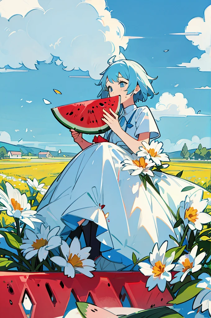 summer,sunny,Blue sky,White Cloud,Teenager eating watermelon in the farmland,Flowers,