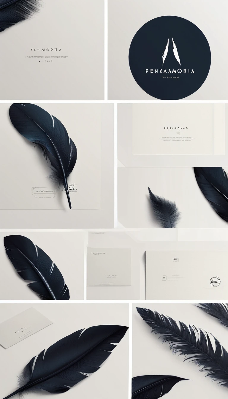 A minimal, modern, simple, cinematic logo design for the brand “Penamemoria". Create a modern, minimalistic, high-quality, white logo of a simple, fantastic, hipnotic, dreamy, artistic feather that symbolizes dreams, stories and memories