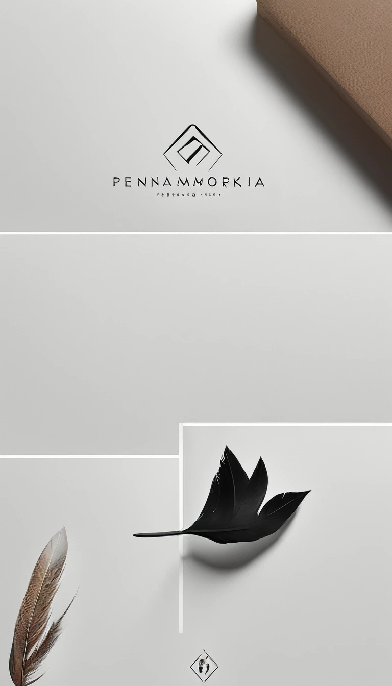 A minimal, modern, simple, cinematic logo design for the brand “Penamemoria". Create a modern, minimalistic, high-quality, white logo of a simple, fantastic, hipnotic, dreamy, artistic feather that symbolizes dreams, stories and memories