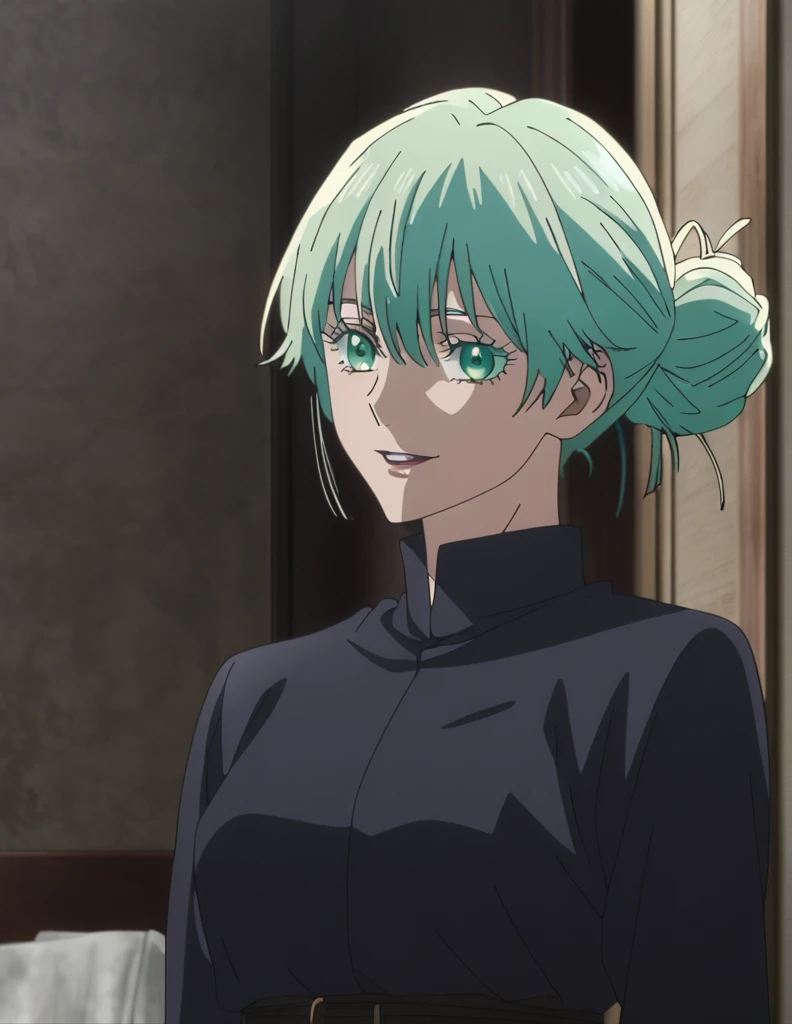 1girl, female gojo satoru, anime screencap from jujutsu kaisen, gojo satoru female version, solo, long_Green hair, hair strands, hair bun, black round sunglasses, Green Eyes, parted_lips, smiling, looking_at_viewer, perfect background, indoors, side view, white_hair, bangs, eyelashes, (blackless outfit),  hair_between_eyes, floating hair, (hair strands) ((shot from behind))