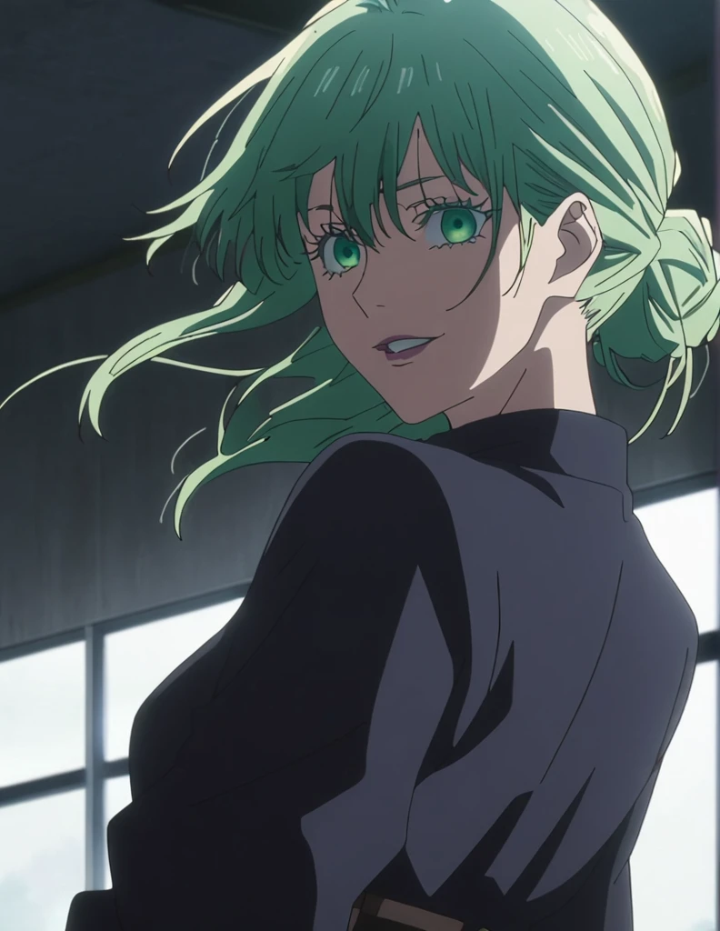1girl, female gojo satoru, anime screencap from jujutsu kaisen, gojo satoru female version, solo, long_Green hair, hair strands, hair bun, black round sunglasses, Green Eyes, parted_lips, smiling, looking_at_viewer, perfect background, indoors, side view, white_hair, bangs, eyelashes, (blackless outfit), hair_between_eyes, floating hair, (hair strands) ((shot from behind))