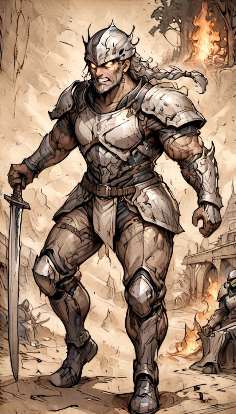 ((best quality)) , ((masterpiece)) , (detailed),weapon, armor, holding, long hair, facial hair, glowing eyes, 1boy, male focus, holding weapon, glowing, sword, outdoors, helmet, braid, teeth, fire, shoulder armor, pants, grey hair, beard, bangs, holding sword, muscular male, white hair,