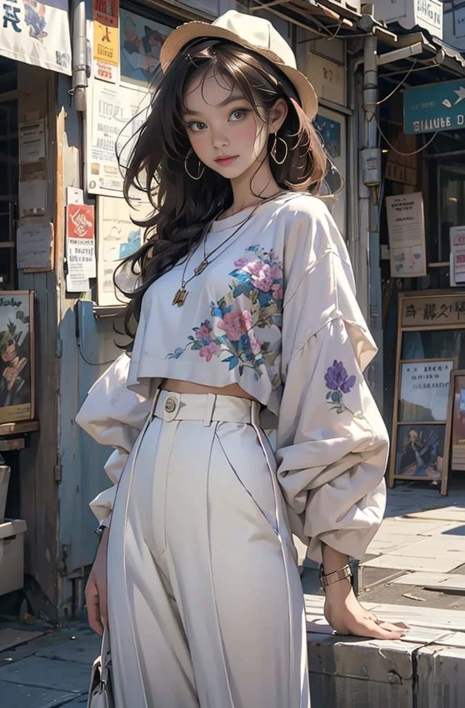 Photo of a beautiful woman standing on a street corner, Perfect model body shape, Stylish pants style, Colorful purple shirt, Stylish hats, Very stylish, Fashion Model, with influence of Jeremy Mann, Jeremy Mann, style of Jeremy Mann, Jeremy Mann painting, Jeremy Mann art, Ron Hicks, Liepke, Jeremy Mann and alphonse mucha, Works that influenced Edmund Blampidt, Robert Lenkiewicz, Casey Bo and James Jean, Works that influenced Willem Kalf, Nick Alm, tumbler, Figurative art, Intense watercolor, Watercolor detailed art,Beautiful and expressive paintings, Beautiful artwork illustration, wonderful, Cool Beauty, masterpiece, Highest quality, Official Art, Perfect composition, The perfect angle, Best Shot, Perfect subject, women only, Sharp contours, romantic, Sulky, Very beautiful and detailed, Beautiful and delicate eyes, Ideal animation, sentimental,Hongkong, close