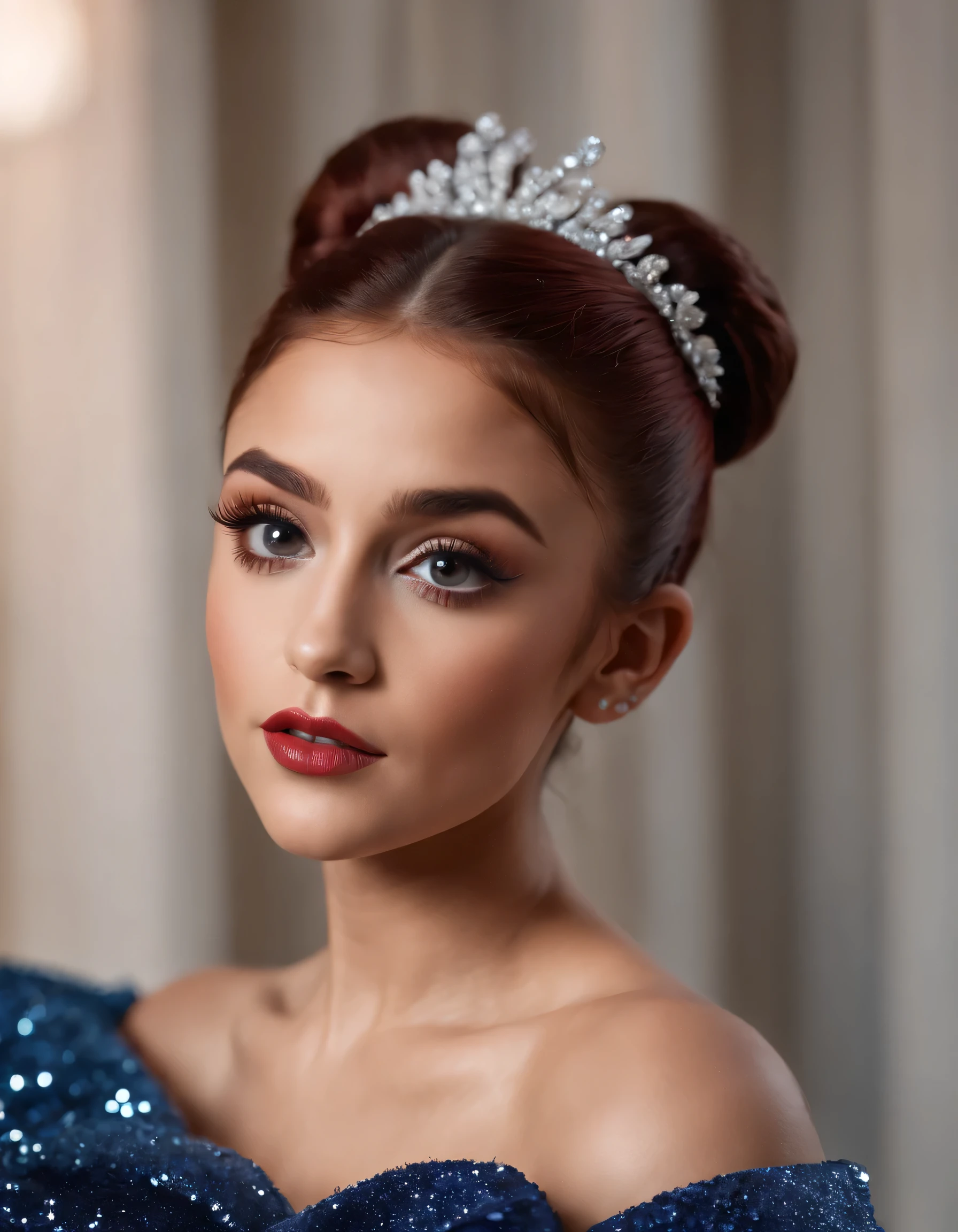 ariana grande,big ,long eyelashes, metallic makeup, blue glitter eyeshadow, half open mouth, brown eyes, red hair, updo hair, two buns