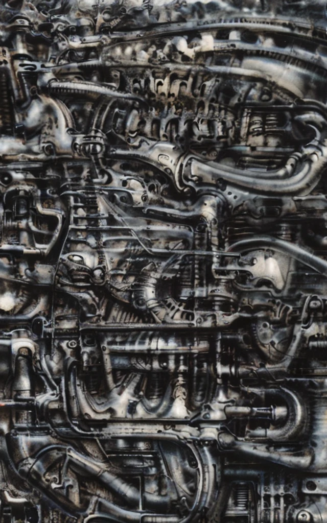 xgiger, The image is a detailed view of H.R. Giger's biomechanical tableau \" LANDSCAPE No 312 \" plate, featuring
a complex, intricate, and detailed design of endless Machine in the transit space over the cascade of fallen water, that appears to be a fusion of organic and mechanical elements, with a focus on the interplay between the two.The piece is a tableau, most likely created with a India ink pen or pencil on paper, determined by the thin lines, shading techniques, and the texture of the paper, which is visible around the edges.
Used is pen, given the shading and variations in line weight visible in the image. Artist have used a variety of stylus with different degrees of hardness to achieve the shading effects.
 The use of undersaturated green-grays dark contrasts creates a stark and graphic look. Is used a variety of linework techniques to create different textures. Fine, parallel lines create a smooth, metallic texture,while thicker, more cursive lines suggest cables or wires.
Light source from the top highlights skeletals, pper part of foreground, lower part of image is in shadowupper part of foreground, lower part of image is in shadow.
The art performance showcases the artist’s skills in observation and rendering. The level of detail in the piece suggests a close study of real bone specimens and mechanics. The artist has skillfully used shading techniques to create a convincing illusion of three-dimensionality on a flat surface. The wrinkles and cracks in the surface, and the cast shadows with accuracy, used shading techniques to create a realistic depiction of light and shadow on the objects. This creates a sense of depth and dimension in the image. The artist has used careful linework to depict the contours and textures in the piece
Sharp focus on foreground elements illustration. Deep and delicate DOF. Big painting. Stored in Louvre masterpiece, ooze soaked pajama top

