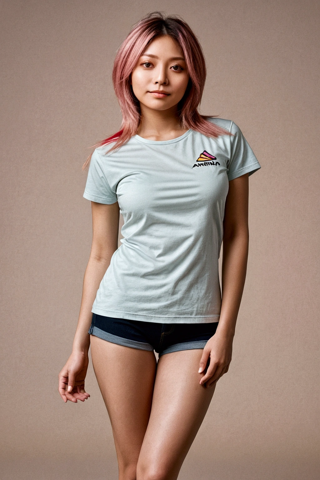 16Generate a high-resolution, photorealistic full-body portrait of a 16-year-old woman. The image should capture her from head to toe, standing in a natural and relaxed pose. She should be depicted with the following characteristics: 1. **General Description:** - Age: 21 years old - Height: 143 cm (approximately 4'8") - Hair: Dark brown, richly textured with visible individual strands, natural highlights, and a realistic flow. - Skin: Smooth with realistic details, including fine pores and natural skin folds. The skin tone should be even and lifelike. 2. **Facial Features:** - Expression: Friendly and engaging smile. - Eyes: Well-proportioned, expressive with natural shading and highlights. - Nose: Symmetrical and proportional. - Mouth: Natural, expressive with a relaxed smile. 3. **Body and Pose:** - Physique: Athletic and proportionate. - Pose: Standing upright with a relaxed posture. Her arms should be slightly away from her body to clearly display her hands. Her feet should be naturally positioned and proportionate to her height. - Anatomy: Ensure accurate depiction of all anatomical regions including: - **Hip Region (Región de la cadera)** - **Femoral Triangle (Triángulo femoral)** - **Anterior Thigh (Región anterior del muslo)** - **Anterior Knee (Región anterior de la rodilla)** - **Anterior Leg (Región anterior de la pierna)** - **Anterior Tarsal Region (Región t