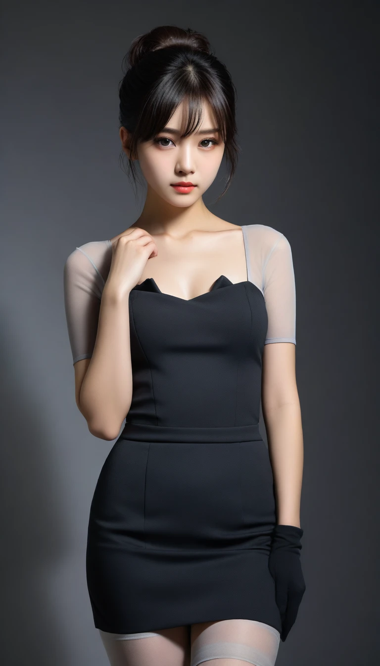 8k, Ultra-high resolution, Highest quality, masterpiece, 三分割法によるphotograph,Surreal, photograph, 1 Girl, (10 years old:1.3), pretty girl, Cute Face, Beautiful eyes in every detail, 細かくdetailedに,masterpiece,One Girl:1.2,full body,sad,streaming tears,Black short hair,Messy bun hair,(black suit:1.3),Nun's clothing,Black Pencil Skirt,(印象派の美しい少女のPortraiture), (Gray background:1.3),(Impressionist light and colour),Dedication to God,Black Stockings,Stiletto pumps,Realistic Skin, Perfect and beautiful face ,完璧でCute Face, Skin with attention to detail, Perfect limbs、Narrow waist,Looking at the audience、beauty,Long neck,clavicle,(((Ideal body type))),A cup small breasts :2,Portraiture:2,Perfect Anatomy,鮮明なdetailed,detailed,Surreal,Light and shadow,spotlight