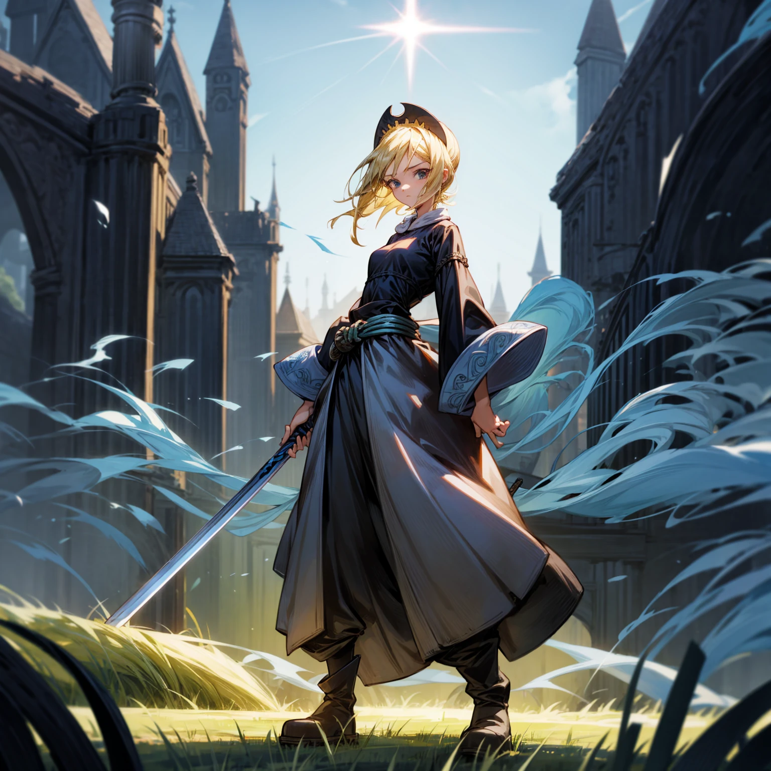 1girl, Full body version, 1character, black eyes, long Frizzy haircut, blonde colour hair, medieval clothing, long pants, headband, boots, Grassroots, full background in field town, motion blur, lighting, (one piece art), standing poses, sword in hand, blue smoke on background