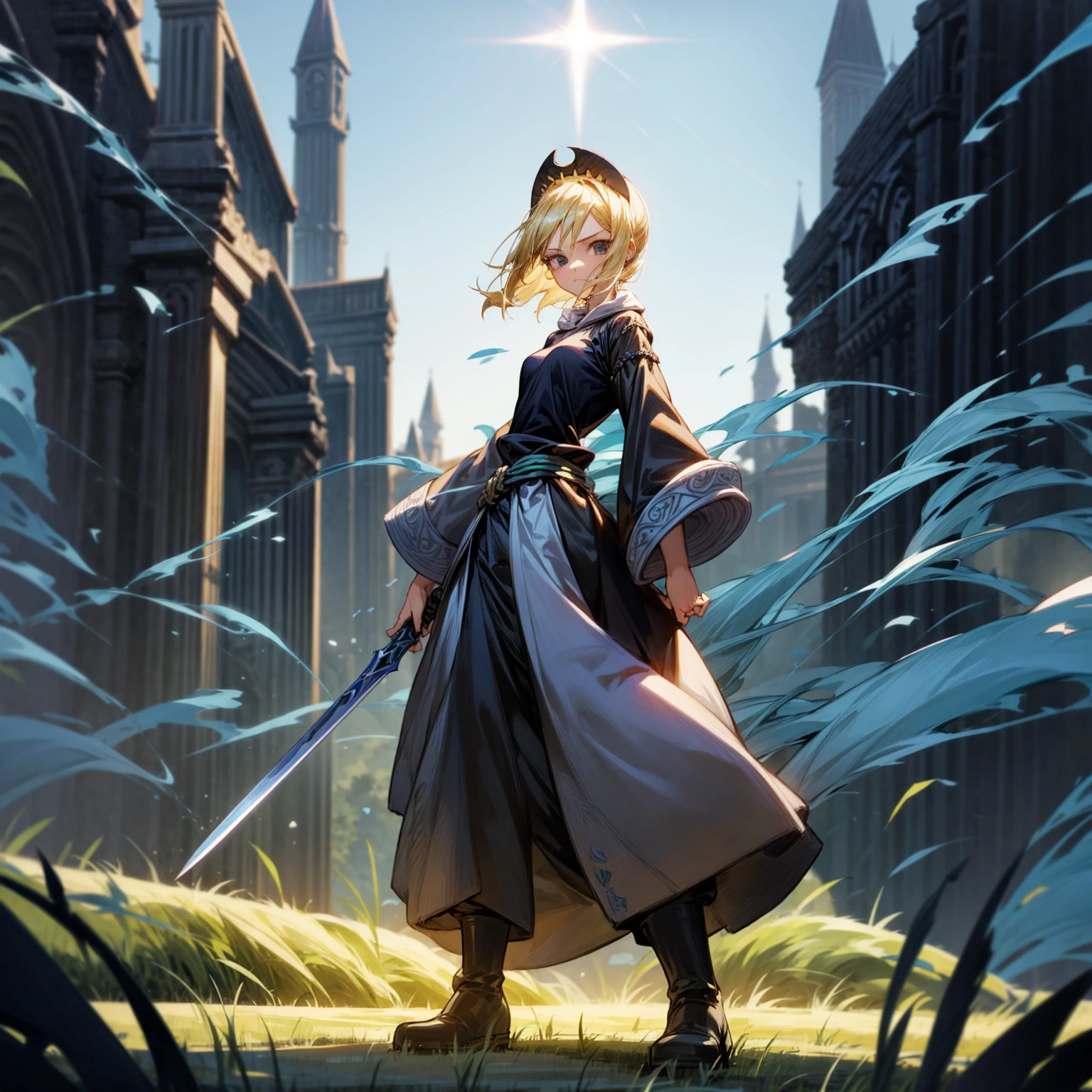 1girl, Full body version, 1character, black eyes, long Frizzy haircut, blonde colour hair, medieval clothing, long pants, headband, boots, Grassroots, full background in field town, motion blur, lighting, (one piece art), standing poses, sword in hand, blue smoke on background 