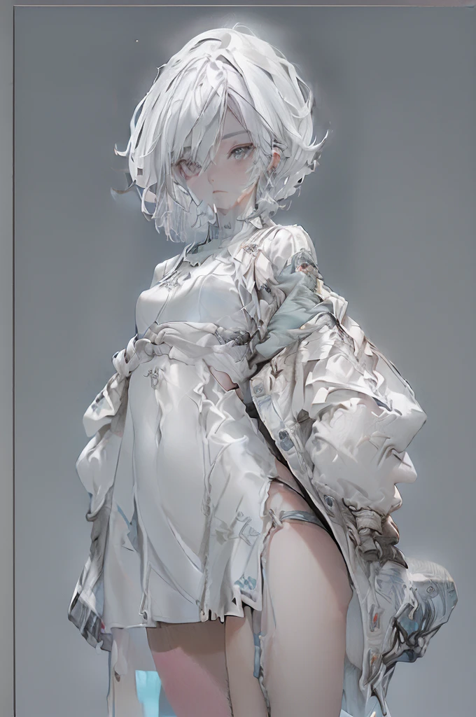 ((white hair)), bright lighting, masterpiece,1girll, ((short hair)), ((16-year-old female model)), (((cowboy shot)) 2D, detailed eyes, ((Text)), ((magazine cover layout)), tile, cover, bold, attention-grabbing, title, stylish, ((font)), catchy, headline, (Chinese), beautiful eyes, eyes focus