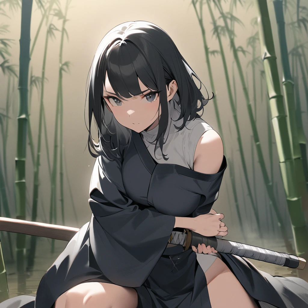 Top quality, masterpiece, high resolution, solo, sumi-e style, samurai girl, long black hair that reaches her shoulders, black eyes, kimono, holding a Japanese sword, beautiful posture, bamboo forest, moonlit night
