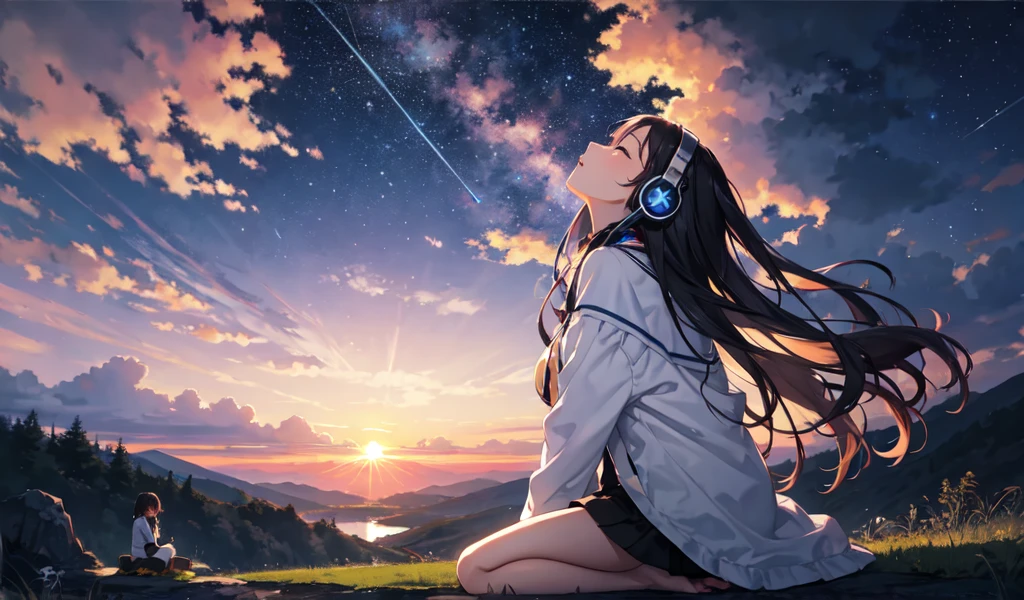 sunset、hill、cloud、Long Hair、woman、Sitting、Beautiful starry sky、Looking up at the sky、The wind is blowing、Wide sky、Headphones