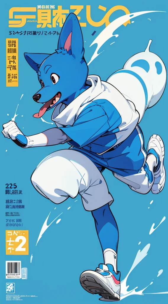 A bright blue dog-themed character, Wearing big sneakers, サイバーパンク, Magazine Cover, Simple Background, Running around, boy, Dog's Tail, raised fist, projected inset, UHD, best quality, highres, 8k