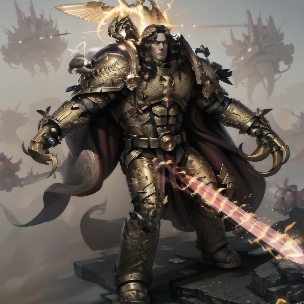 mature adult, illustration, beautiful detailed eyes, best quality, highly detailed, masterpiece, ultra-detailed, illustration, long hair, olive skin, full armor, muscular, god-like physique, golden armor, glowing golden aura, highly-ornamented golden armor, gold trimmings, bronze trimmings, cape, laurel crown,
1 man, serious, stern, yellow eyes, EMPEROR OF MANkind, glowing eyes,  full body, battle, ((holding sword, claw(weapon):1.3)),