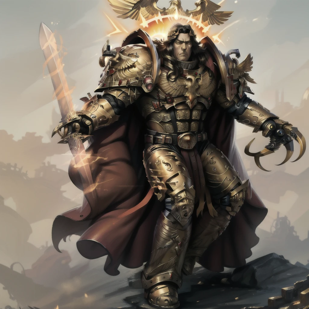 mature adult, illustration, beautiful detailed eyes, best quality, highly detailed, masterpiece, ultra-detailed, illustration, long hair, olive skin, full armor, muscular, god-like physique, golden armor, glowing golden aura, highly-ornamented golden armor, gold trimmings, bronze trimmings, cape, laurel crown,
1 man, serious, stern, yellow eyes, EMPEROR OF MANkind, glowing eyes,  full body, battle, ((holding sword, claw(weapon):1.3)),