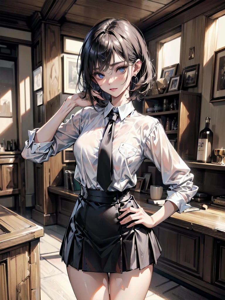 juri han, sitting,cross legs,side profile,work of art, tight white secretary shirt with black tie, black high waist skirt, short skirt,stocking, black hair, black tightscary sun,office,bangs on the eyes,lighting,horn of hair,view from above,evil smile,linda,side profile
