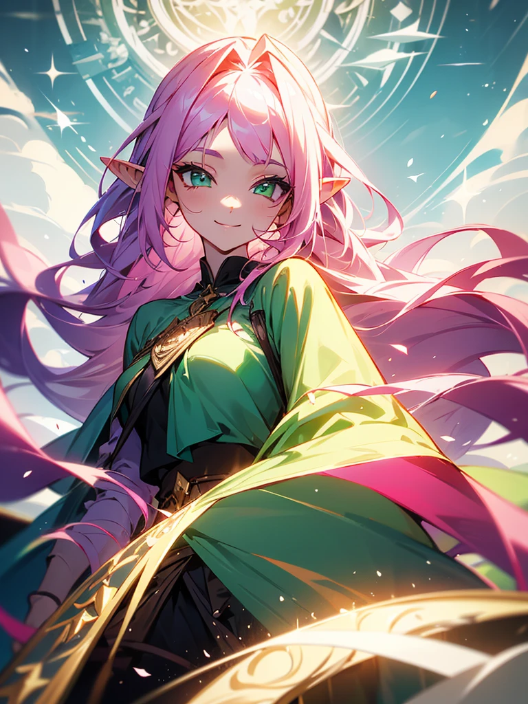 She is an elf with pink hair and green eyes, letting her hair flow long. Across her forehead, she has a wispy fringe or forelock, akin to a mane or horse's forelock. She carries a large sword, draped in a cloak, and smiles gently.
