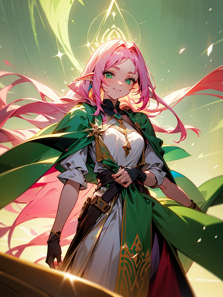 She is an elf with pink hair and green eyes, letting her hair flow long. Across her forehead, she has a wispy fringe or forelock, akin to a mane or horse's forelock. She carries a large sword, draped in a cloak, and smiles gently.
