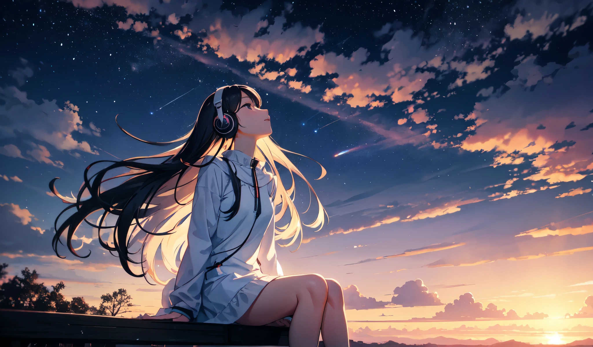 sunset、hill、cloud、Long Hair、woman、Sitting、silhouette、Beautiful starry sky、Looking up at the sky、The wind is blowing、Wide sky、Headphones