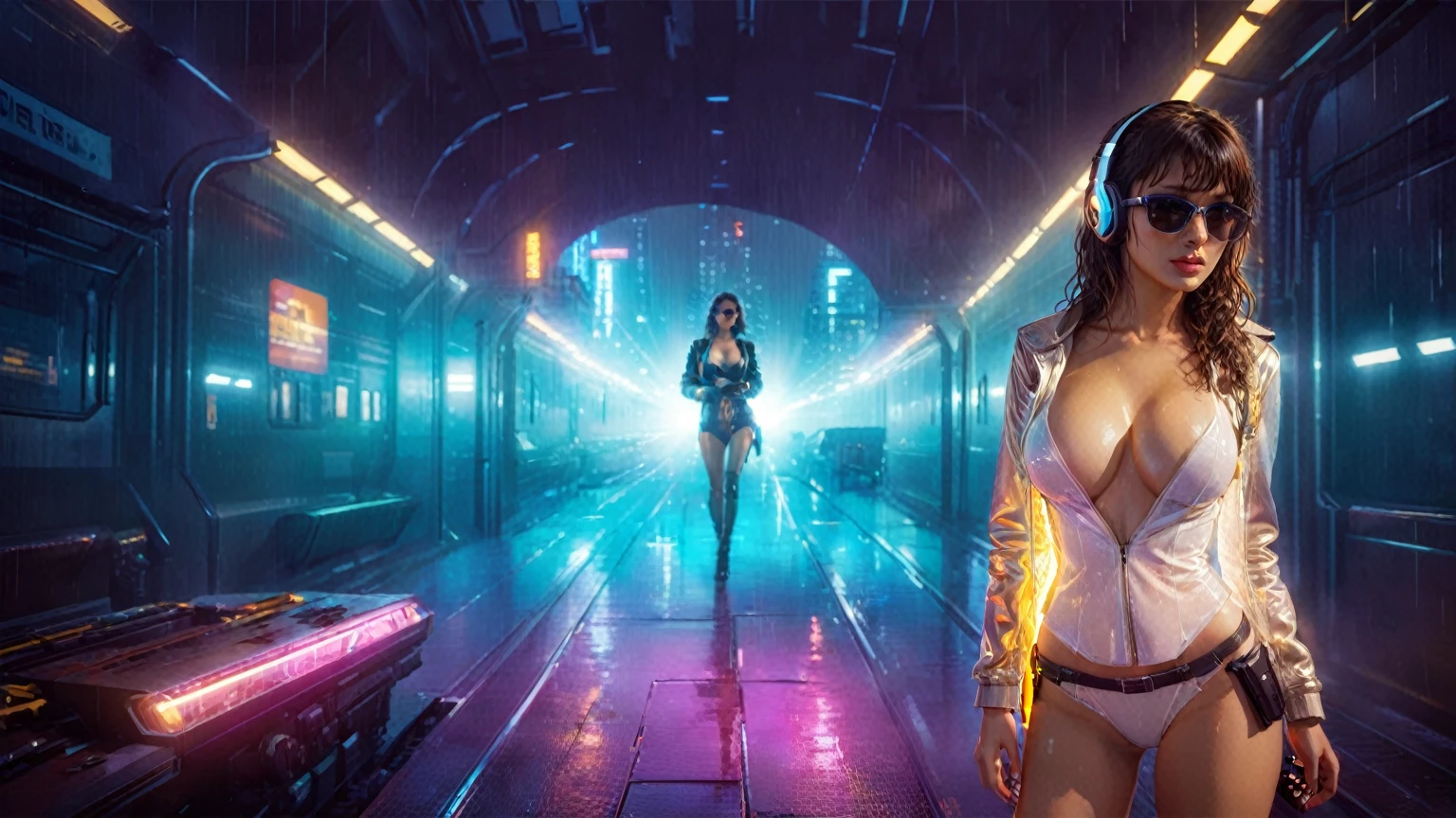 (((aerial view))), Blade Runner style futuristic railway platform, hi-tech train, neon lights, rainy night. (1girl, solo, alone), large-breast:1.2 slim body, cleavage:1.1, sexy lingerie with wet jacket, headphone, (black sunglasses), (((she raised a pistol:1.8 and shot:1.8 the viewer))), dynamic pose, (((half-body thigh level medium shot))), cinematic lighting, lens flare, ray tracing, blurred:1.4 background.