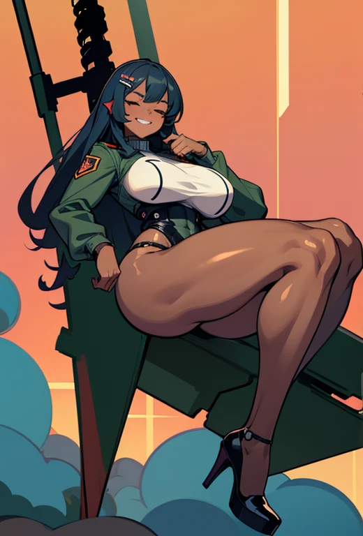 young girl, Pullover, whole body to see, very long hair, (( very wide hips)), (((colossal Thighs, gigantic thighs, very huge thighs, very big thighs))), fullbody, platform heels, black skin, very Big breast, gun, soldier girl , full body, military , full bodysuit, látex bodysuit, cyberpunk, battle, smile showing teeth, closed eyes, disgusting face, hair clip, muscular girl, Fit girl,