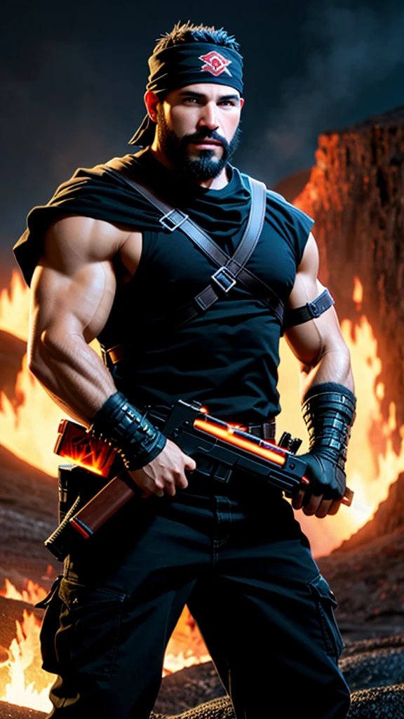 marcus_fenix, (muscular:1.1), fire, mountain, lava, fold, beard, armor, holding a gun, black bandana