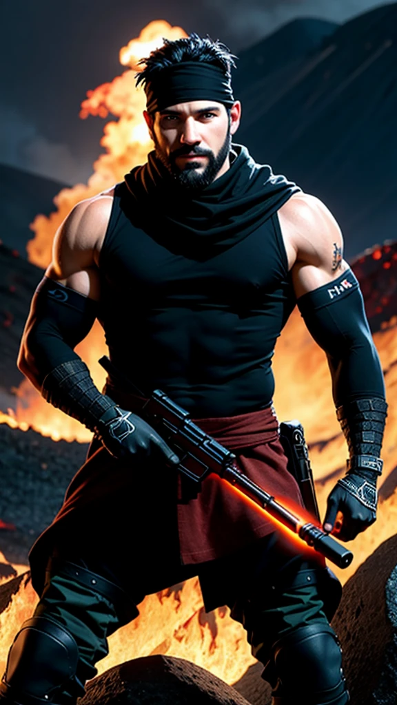 marcus_fenix, (muscular:1.1), fire, mountain, lava, fold, beard, armor, holding a gun, black bandana