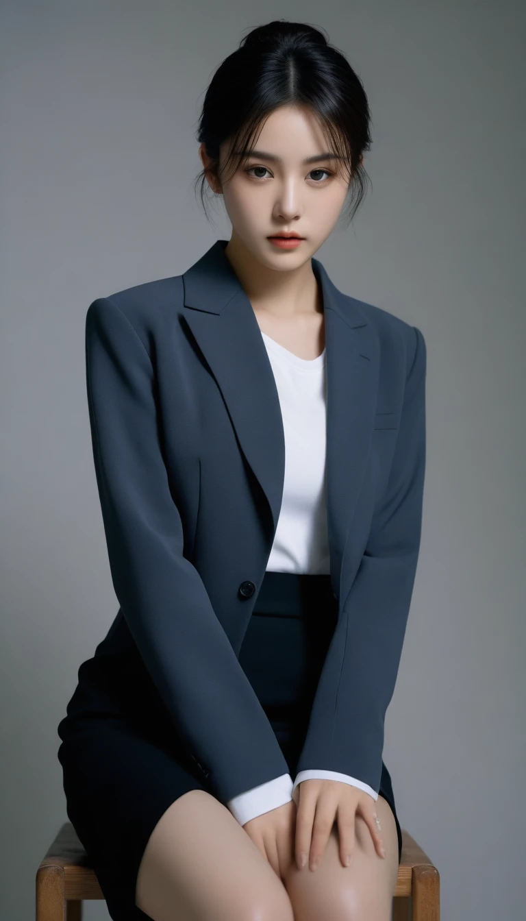 8k, Ultra-high resolution, Highest quality, masterpiece, 三分割法によるphotograph,Surreal, photograph, 1 Girl, (10 years old:1.3), pretty girl, Cute Face, Beautiful eyes in every detail, 細かくdetailedに,masterpiece,One Girl:1.2,full body,sad,streaming tears,Black short hair,Messy bun hair,(black suit:1.3),Nun's clothing,Black Pencil Skirt,(印象派の美しい少女のPortraiture), (Gray background:1.3),(Impressionist light and colour),Dedication to God,Black Stockings,Stiletto pumps,Realistic Skin, Perfect and beautiful face ,完璧でCute Face, Skin with attention to detail, Perfect limbs、Narrow waist,Looking at the audience、beauty,Long neck,clavicle,(((Ideal body type))),A cup small breasts :2,Portraiture:2,Perfect Anatomy,鮮明なdetailed,detailed,Surreal,Light and shadow,spotlight