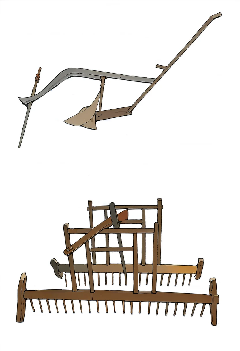 Farming tools,Agricultural era, wood ,Agricultural tools, Wooden frame,plows, timberwork,Nail rake,Wood Teeth,Simple background,Blank background,Display of two farm tools。author:Randolph Caldecott, (Watercolor, masterpiece, Line Art, Illustration Art, Professional line art, Super complex and detailed, Chinese painting,8k:1.3),Exquisite wood,Wood Grain,Light and shadow effects