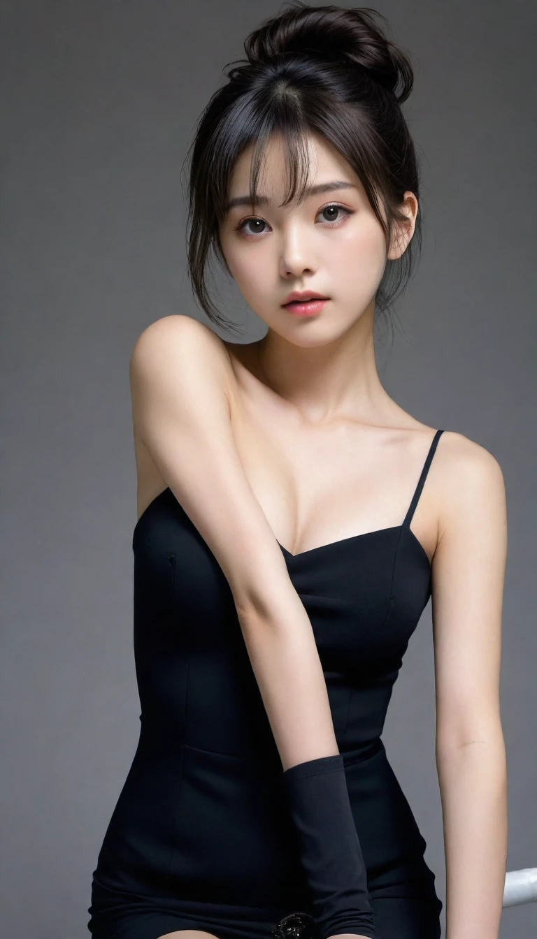 8k, Ultra-high resolution, Highest quality, masterpiece, 三分割法によるphotograph,Surreal, photograph, 1 Girl, (:1.3), pretty girl, Cute Face, Beautiful eyes in every detail, 細かくdetailedに,masterpiece,One Girl:1.2,full body,sad,streaming tears,Black short hair,Messy bun hair,(black suit:1.3),Nun's clothing,Black Pencil Skirt,(印象派の美しい少女のPortraiture), (Gray background:1.3),(Impressionist light and colour),Dedication to God,Black Stockings,Stiletto pumps,Realistic Skin, Perfect and beautiful face ,完璧でCute Face, Skin with attention to detail, Perfect limbs、Narrow waist,Looking at the audience、beauty,Long neck,clavicle,(((Ideal body type))),A cup small breasts :2,Portraiture:2,Perfect Anatomy,鮮明なdetailed,detailed,Surreal,Light and shadow,spotlight