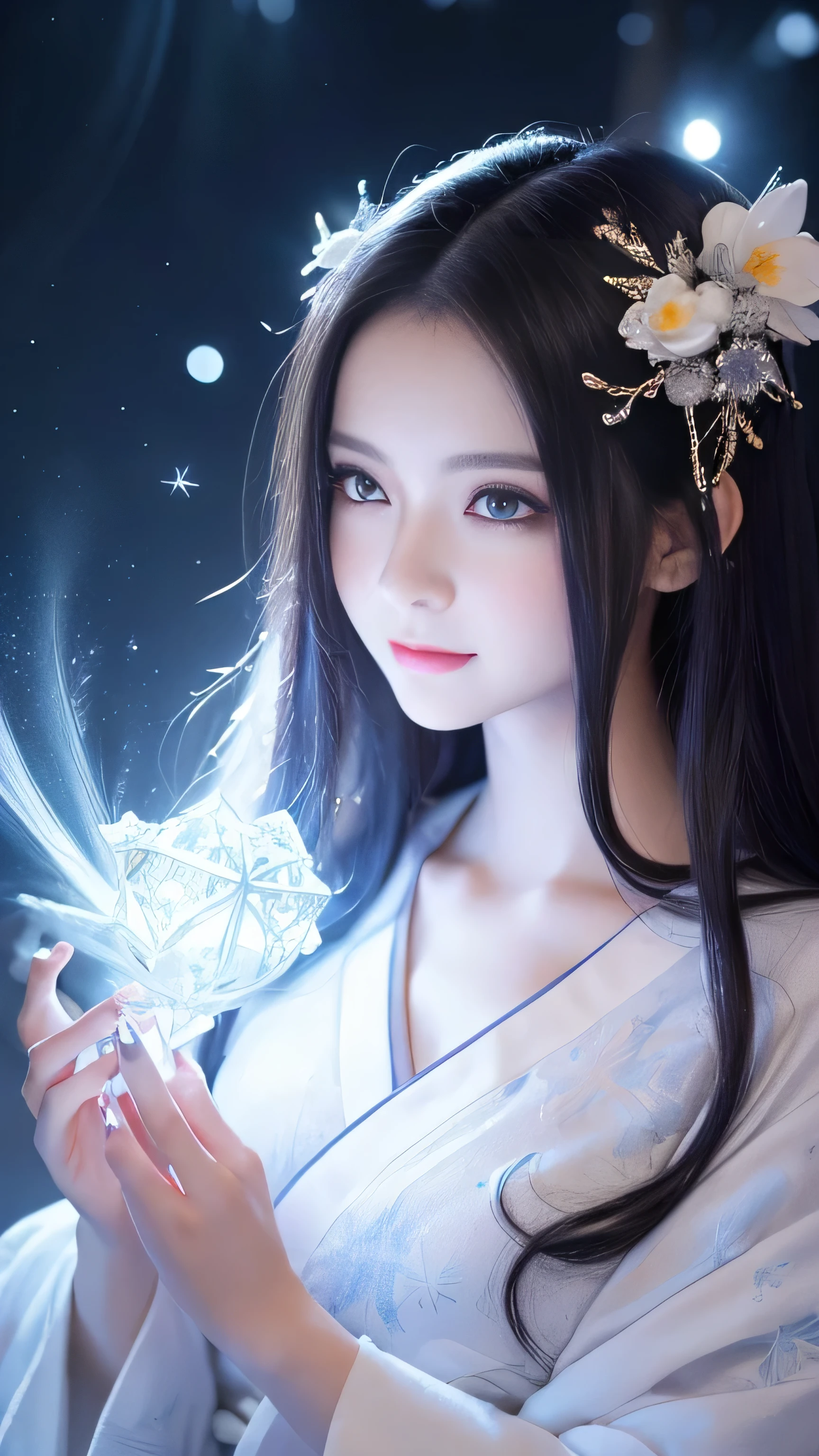 Create an ultra-cute and enchanting depiction of Yasha-hime, a Demon Princess from Japanese folklore, with exaggerated and adorable features.
Overall Appearance:
Height: Slightly taller than average, but with a cute and approachable presence.
Body Type: Slender yet more rounded, emphasizing her charm and elegance in a cartoonish way.
Facial Features:
Skin: Porcelain white, almost glowing, with a smooth and shiny appearance.
Eyes: Enormously large and expressive, with deep blue or green irises that sparkle like stars. Her gaze is captivating and magical.
Eyelashes: Extra long and thick, giving her eyes a more dramatic and adorable look.
Eyebrows: Thin and neatly shaped, enhancing her noble and cute expression.
Hair: Extremely long black hair that flows down to her knees, silky and shiny. The tips of her hair are adorned with exaggeratedly large ice crystals that glisten.
Lips: Small and blue-white, with a frosty sheen. Her smile is wide and enchanting, showing off her cute fangs.
Clothing:
Kimono: An oversized, luxurious kimono in vibrant cool colors like bright white, light blue, and lavender, with large, sparkling gold and silver embroidery. The hem is extra long and billowy, adding to her majestic yet cute appearance.
Obi: Large and intricately designed, decorated with big, cartoonish ice and snowflake motifs.
Hands and Fingers:
Hands: Small and delicate, with exaggeratedly sharp, transparent nails that resemble cute, sparkling ice claws. Her fingers radiate a soft, cool glow.
Feet:
Feet: Tiny and rarely seen, but wherever she steps, large, cute icy footprints are left behind, with playful, swirly cold mist rising from her feet.
Distinctive Elements:
Ice Aura: A gentle, shimmering aura of cold surrounds her, freezing the air with cute, sparkly ice crystals and swirls of cold mist constantly drifting around her.
Hair Crystals: The exaggeratedly large ice crystals at the tips of her hair reflect light in a magical, sparkly way.
Environment and Pose:
Depicted