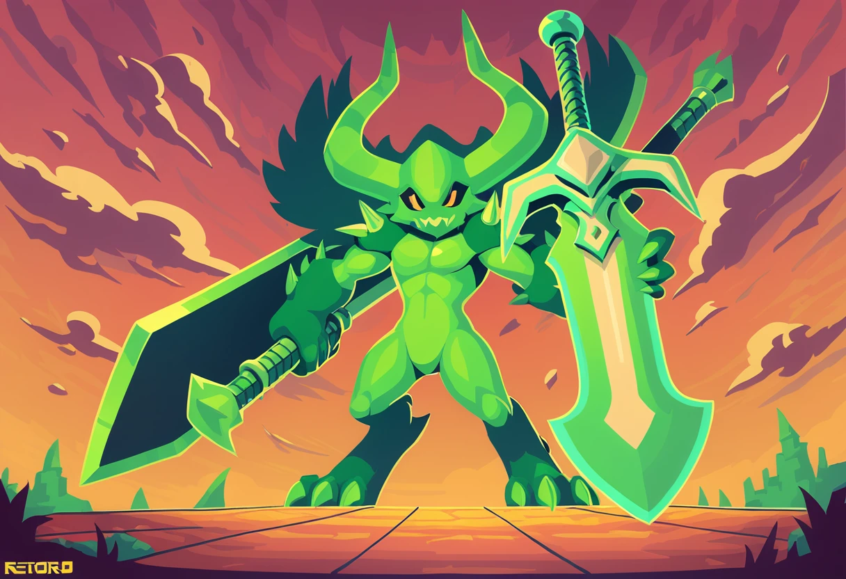 Green demon-like titan with spikes horns and a giant bone sword in retro game art style