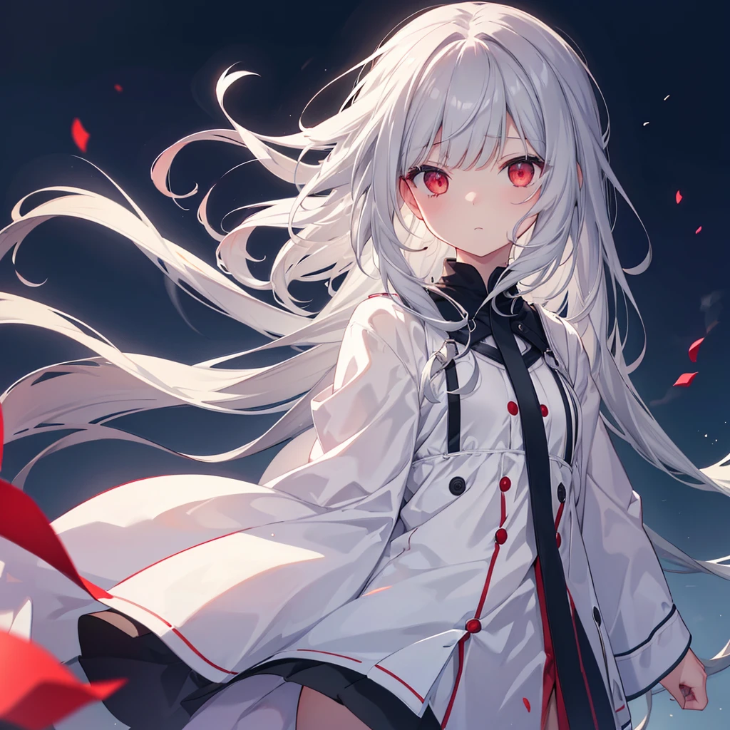 One girl, Long Hair, High resolution, Gaze, Food, Gray Hair, Simple Background, Illustration, Hair blowing in the wind, Deco bangs, Red eyes, Sad, cute
