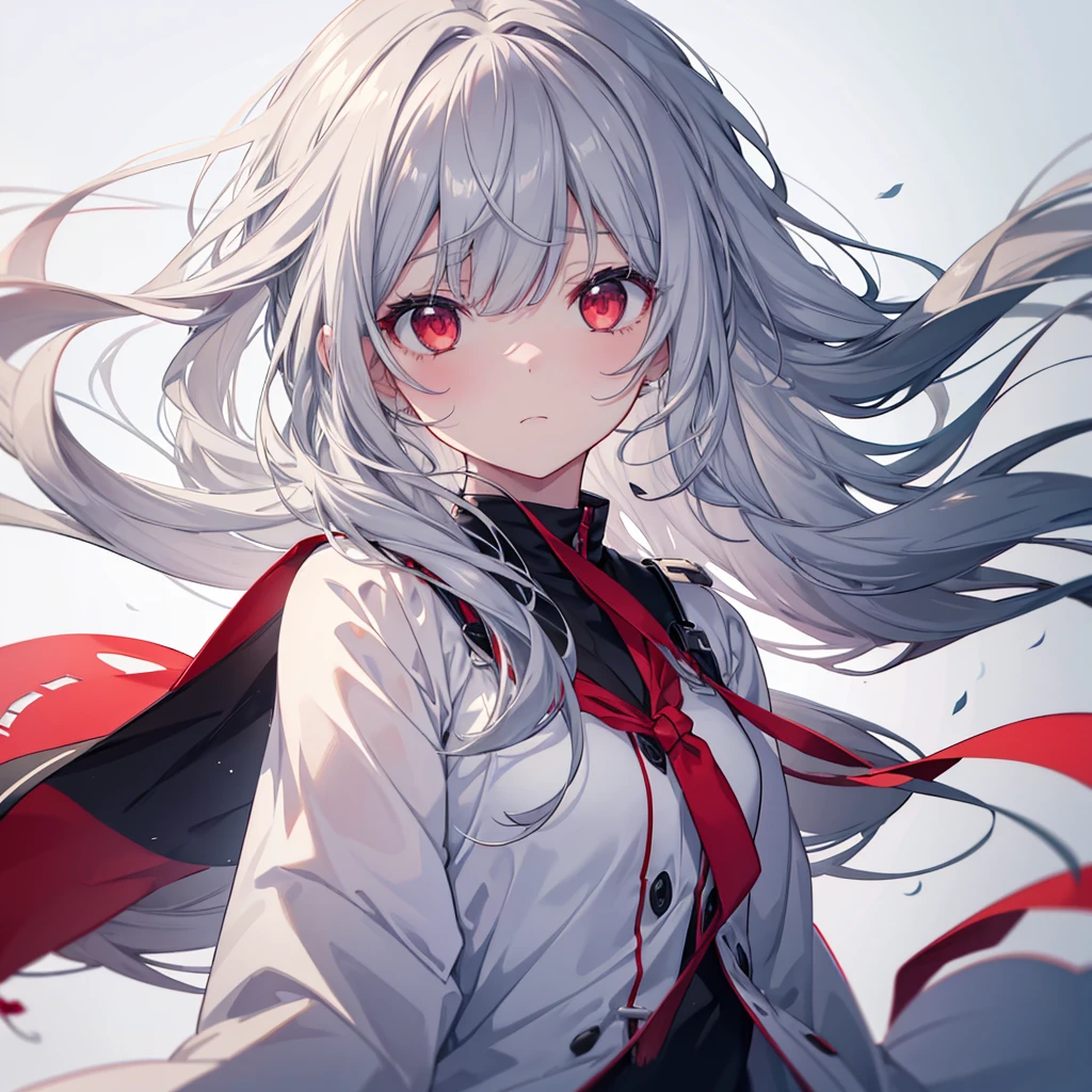 One girl, Long Hair, High resolution, Gaze, Food, Gray Hair, Simple Background, Illustration, Hair blowing in the wind, Deco bangs, Red eyes, Sad, cute