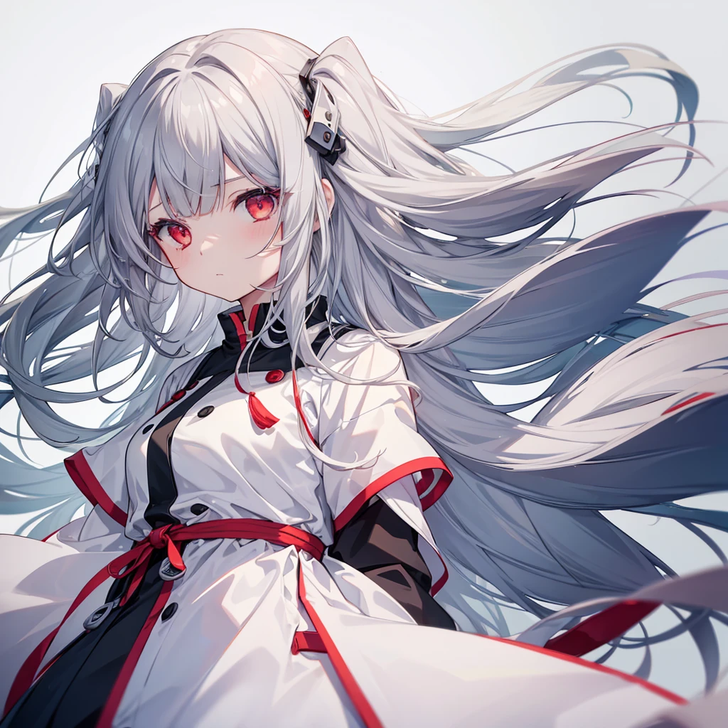 One girl, Long Hair, High resolution, Gaze, Food, Gray Hair, Simple Background, Illustration, Hair blowing in the wind, Deco bangs, Red eyes, Sad, cute