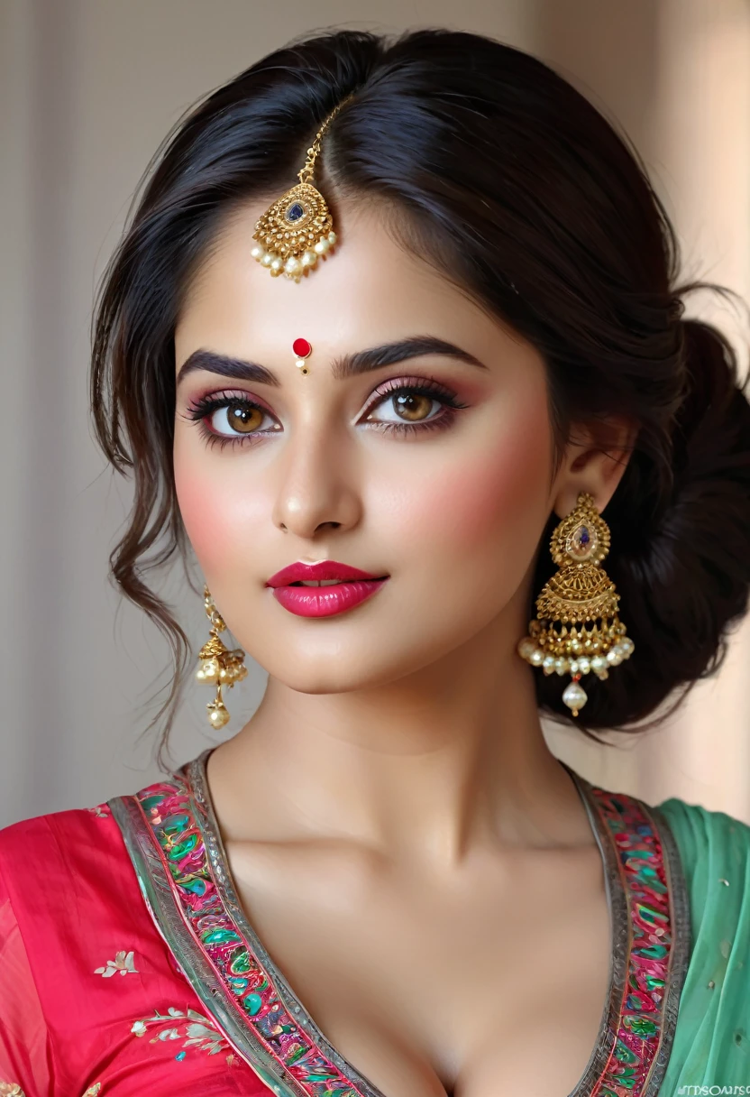 perfect pink eyes, fantastic face, Indian, beautiful look, ((red lips, bright eyes, curve heir 1.5)), ((beautiful details normal big breast )), (Straight round and ultra huge clevage, not sagging breast), A glorious gorgeous, glorious gorgeous face, pretty face, bright eyes, detailed elegant printed patiala suit ,elegant hair, blurred gray tones background, ultra focus, face ilumined, face detailed, 8k resolution, painted, dry brush, brush strokes, razumov style and garmash style, by Tokaito, ((Full Open )), full body, sexy thin belly, upper body parts are little covered