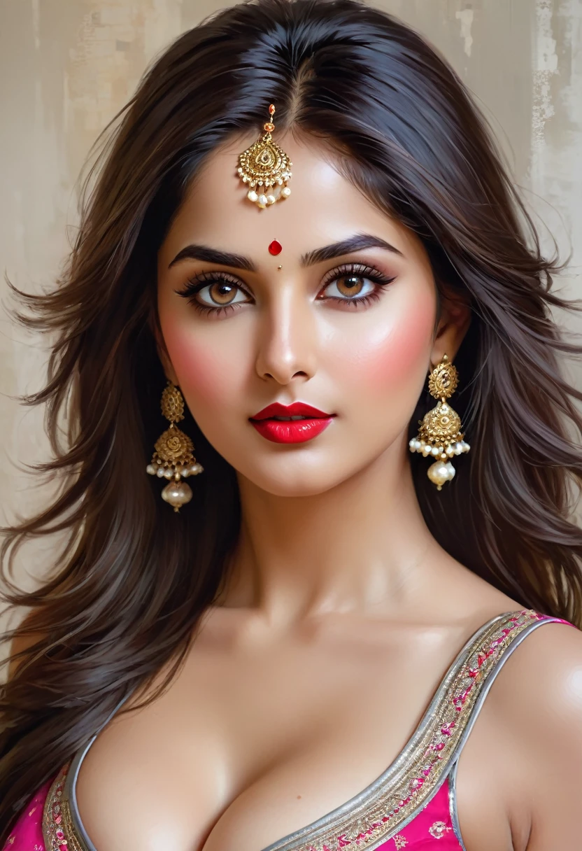 perfect pink eyes, fantastic face, Indian, beautiful look, ((red lips, bright eyes, curve heir 1.5)), ((beautiful details normal big ?????? )), (Straight round and ultra huge clevage, not sagging ??????), A glorious gorgeous, glorious gorgeous face, pretty face, bright eyes, detailed elegant printed patiala suit ,elegant hair, blurred gray tones background, ultra focus, face ilumined, face detailed, 8k resolution, painted, dry brush, brush strokes, razumov style and garmash style, by Tokaito, ((Full Open )), full body, ???? thin belly, upper body parts are little covered