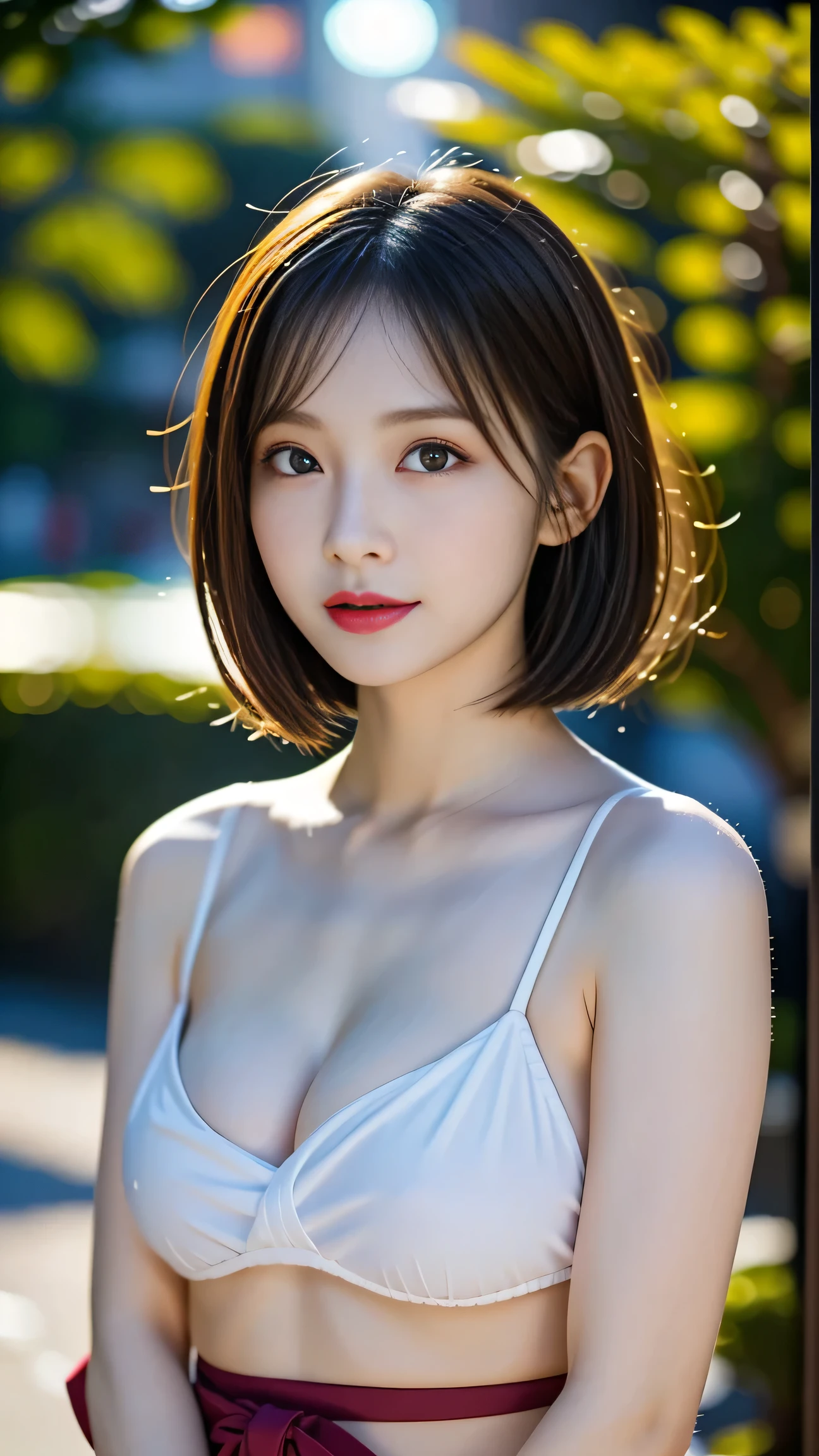 "The rich traditional beauty of Japan, Age 27, Height: 160cm, Classic curves
 (95-62-92cm), Ample F-cup , Slim 62cm waist, Generous 92cm , Smooth white skin like white jade (rgb: 248, 245, 240), Oval face with gentle features, Soft almond-shaped eyes (dark brown, rgb: 45, 30, 15) With single eyelids, Small, straight nose, Small mouth and naturally red lips (rgb: 212, 95), Long, straight black hair that reaches down to her waist, Currently wearing her hair in a loose bun、A few strands of hair framed her face., Showing off her natural beauty without makeup, Wearing light blue (rgb: 202, 225,
 255) White cherry blossom pattern yukata, The yukata is slightly open、The décolletage and thighs are visible, A red sash that accentuates the waist, Relax in the outdoor hot spring (hot spring) Large rock and maple tree々Surrounded by,
 Steam rising from hot water, Soft lantern lighting, Night sky with a full moon, Sensual yet elegant compositions that emphasize the beauty and tranquility of nature, Shot with the Leica Q2 full-frame compact camera, 28mmF/1.7 Summilux Lenses,
 ISO 3200, 1/30 seconds, 47MP resolution, Focus on gentle looks and subtle skin tones with steam - ar 3:4--q 2--s 900--v 6.0--Style Raw"