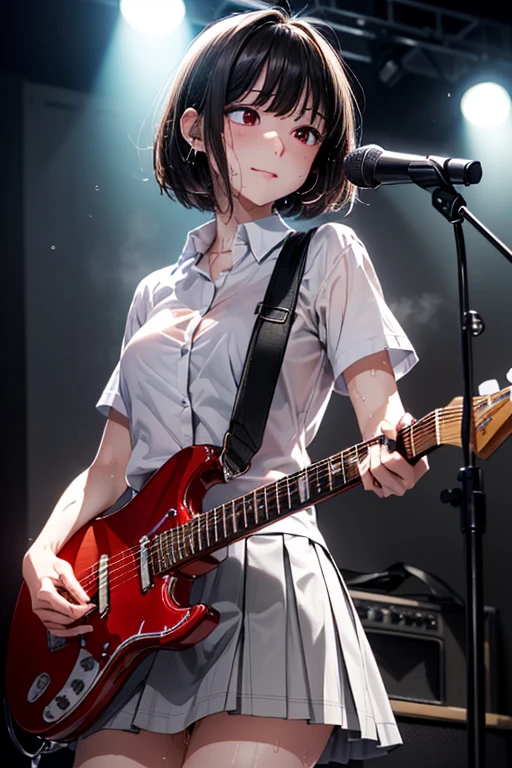 (((NSFW)))、((Masterpiece, Highest quality、Super detailed, Attention to detail))、Tabletop、girl、((high school girl、Black Hair、(Very Short Hair)、Slit eyes、Red Eyes、eight-headed body、Model-like style、Slender、School uniforms))、(White Shirt、Black Skirt、Black knee-high socks、Black Loafers)、Silver earringultiple silver accessories、Silver Ring、Silver Ring、bandギャル、(((Red electric guitar)))、(((liveハウス、live、band、Dim lighting)))、(((Standing and playing guitar)))、((live、Playing the guitar、On stage))、((No bra、No underwear))、(((Sweating a lot、Sweat dripping、Sweat vapor)))、(((Wet Hair)))、(((Body odor)))、((Sweaty smell、Clothes get wet、Sweat stains))、((((Love juice overflows from the vagina))))、((Angle from below、I can see the vagina))、((Skirt flipped up))、smile