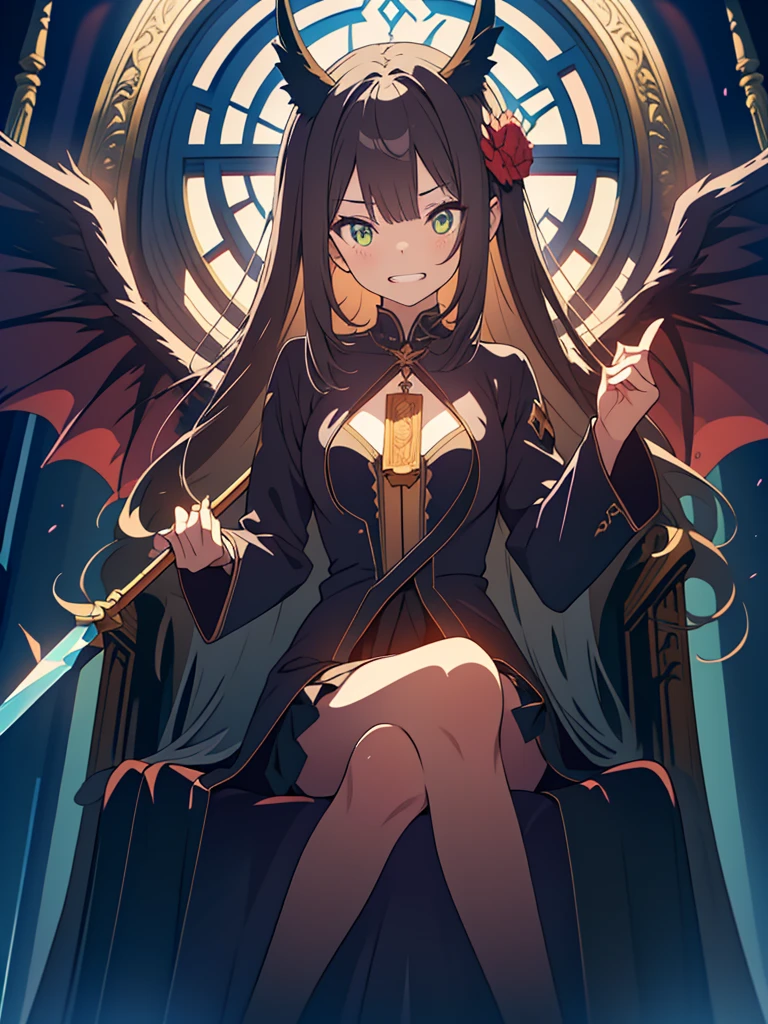 kawaii, anime, Cute, hyper quality, highly detailed, 8k, Clarity, with glowing green eyes, dark brown long hair, Dark Demon King, devil's peak, black eagle wings on the back, Throne room of the abyss, Crystal pillars reaching to the sky, dark sky, hellfire, sit cross-legged on the throne, wield a cane in one's hand, Draw facial expressions in detail, Showing succubus fangs with a creepy expression, Draw the whole body with a drawn composition, grin fearlessly, Wear an aura of darkness, ominous sky, Inciting point of view, to intimidate, Overwhelming, Stained glass, brandish a cane, dark magic effects, dark fog drifts, cross your legs, cross your legs,